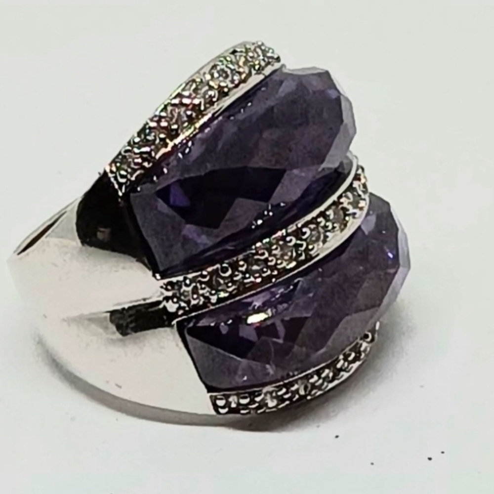 Amethyst & Crystal Silvertone Statement Cocktail Ring Sz 9 For Animal Rescues